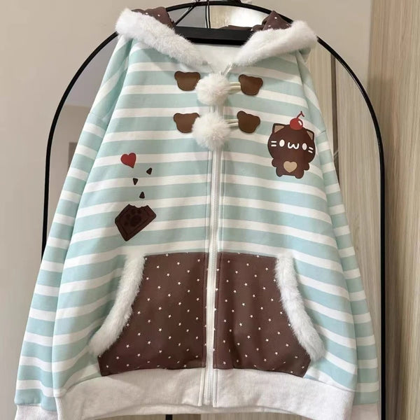Cozy Mint Striped Bear Hoodie