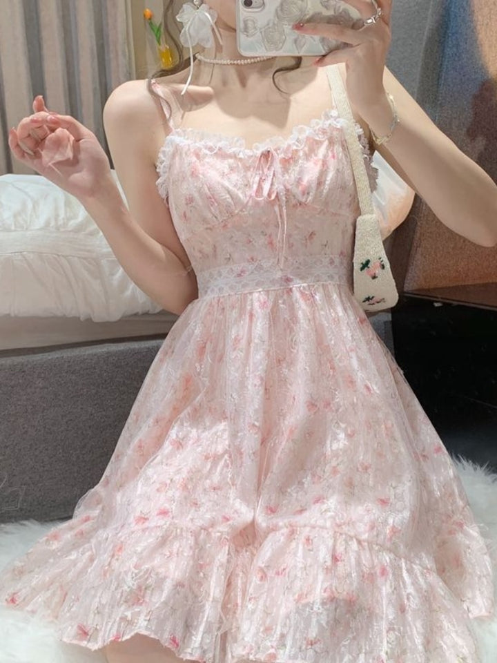 Kawaii Lolita Floral Pink Mini Dress - Juneptune