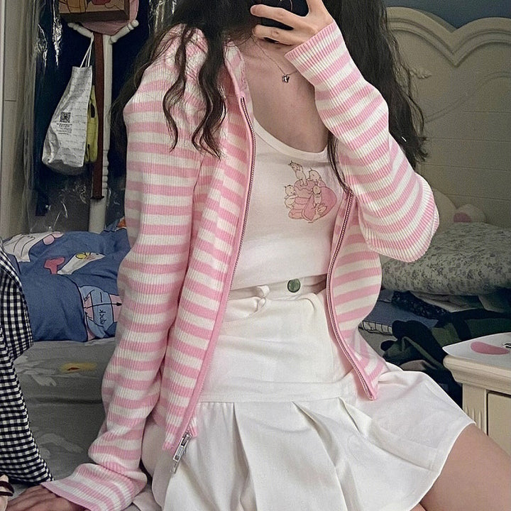 Kawaii Lolita Striped Pink Hoodie - Juneptune