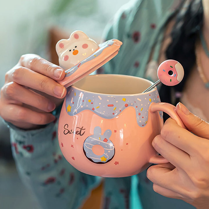 Cute Donut Ceramic Mug With Lid - Juneptune