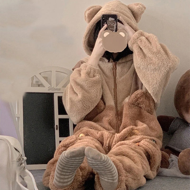 Kawaii Bear Hooded Fuzzy Pajama Set - Juneptune