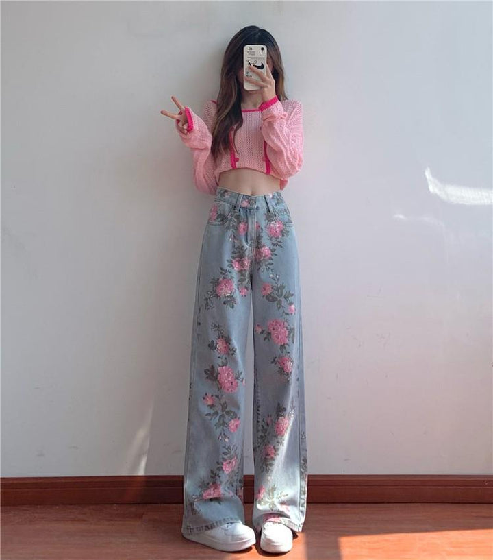 Kawaii Flower High Waist Baggy Jeans - Juneptune