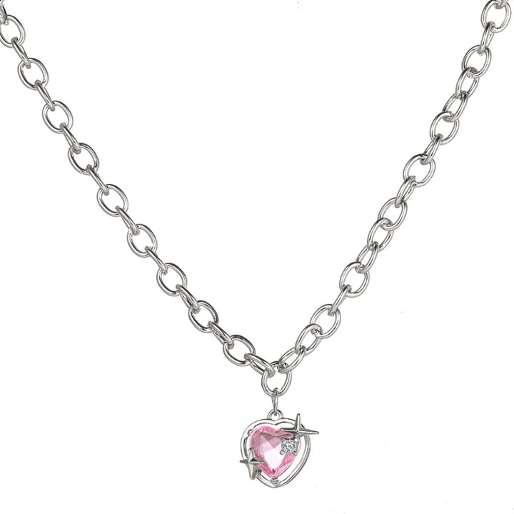 Y2K Pink Crystal Peach Heart Necklace - Juneptune