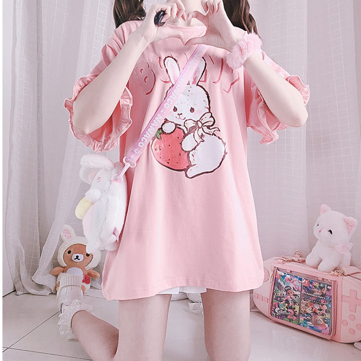 Kawaii Lolita Strawberry Bunny Pink T-Shirt - Juneptune