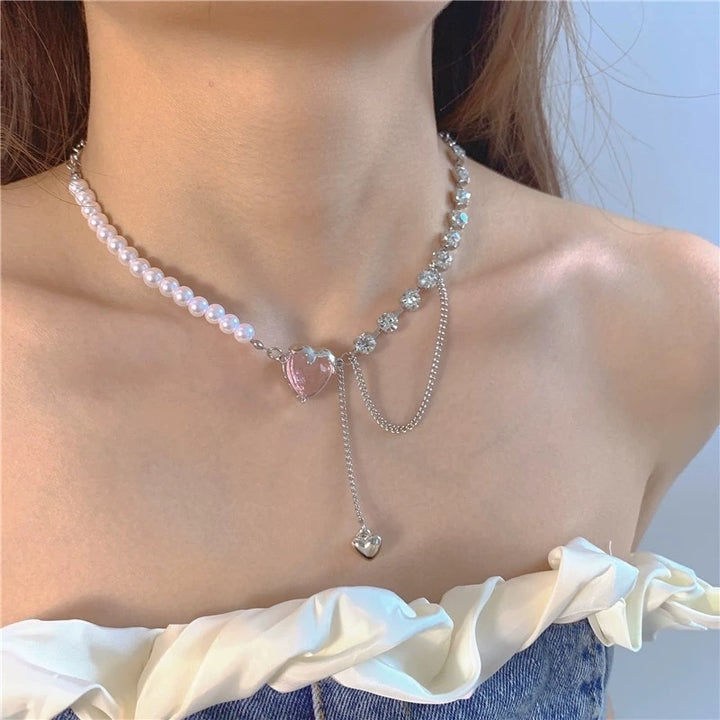 Cute Cupid Bow Choker Necklace with Crystal Heart and Pearl Beads - Juneptune
