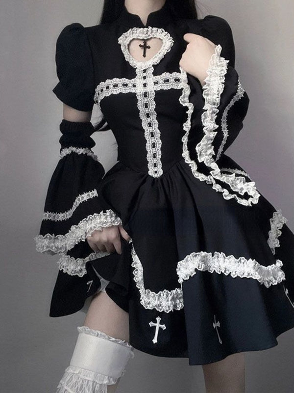 Gothic Lolita Black Dress With Sleeves - Juneptune