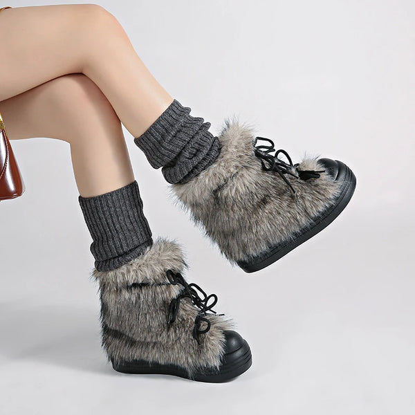 Y2K Chunky Fur Lace-Up Snow Boots