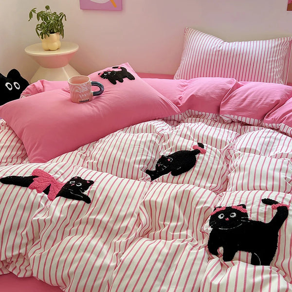 Black Cats & Pink Stripes Bedding Set