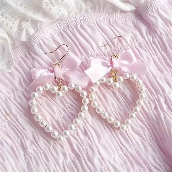Sweet Pearl Heart Bow Earrings
