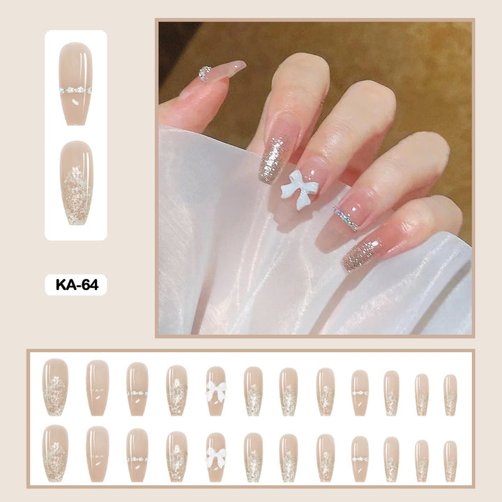 24pcs/Box Press On False Nails - Aesthetic Heart Bow Nails - Juneptune