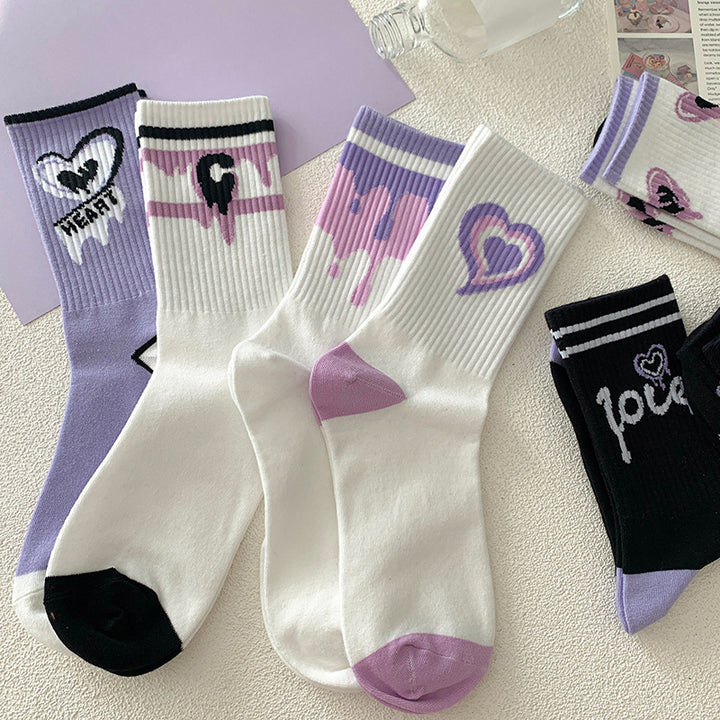 Purple Heart Print Cotton Socks - Juneptune