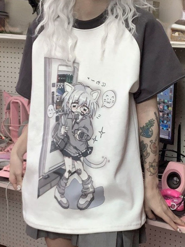 Kawaii Anime Detachable Sleeve Gray T-Shirt - Juneptune