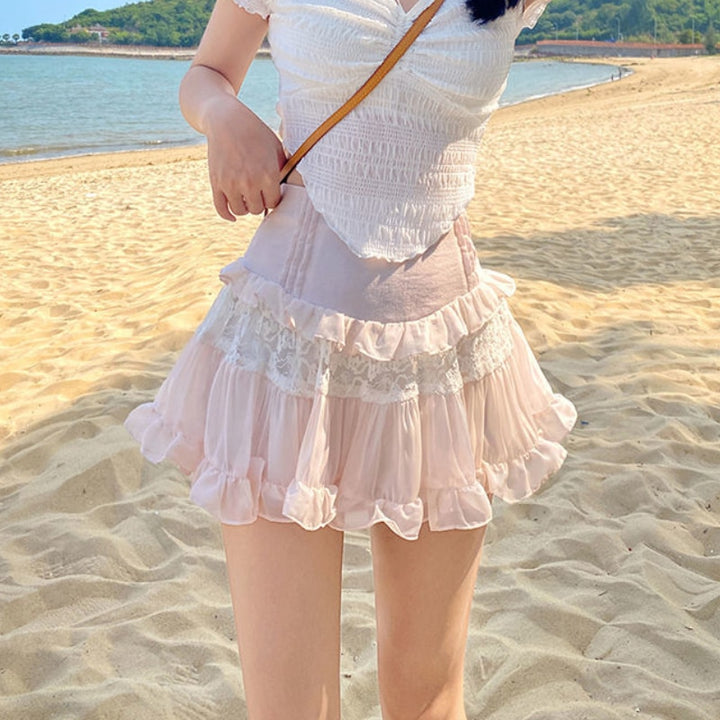 Kawaii Lolita Ruffle Pink Skirt - Juneptune