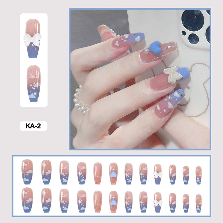 24pcs/Box Press On False Nails - Aesthetic Heart Bow Nails - Juneptune