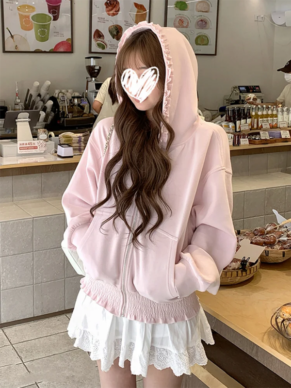 Soft Girl Fluffy Ribbon Lace Hoodie
