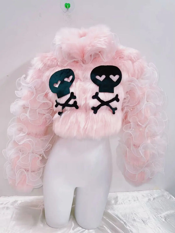 Pastel Punk Fuzzy Skull Crop Jacket