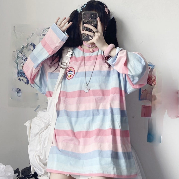 Kawaii Pastel Striped Oversized Blouse - Juneptune