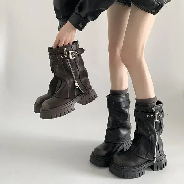 Midnight Rebellion Buckle Biker Boots