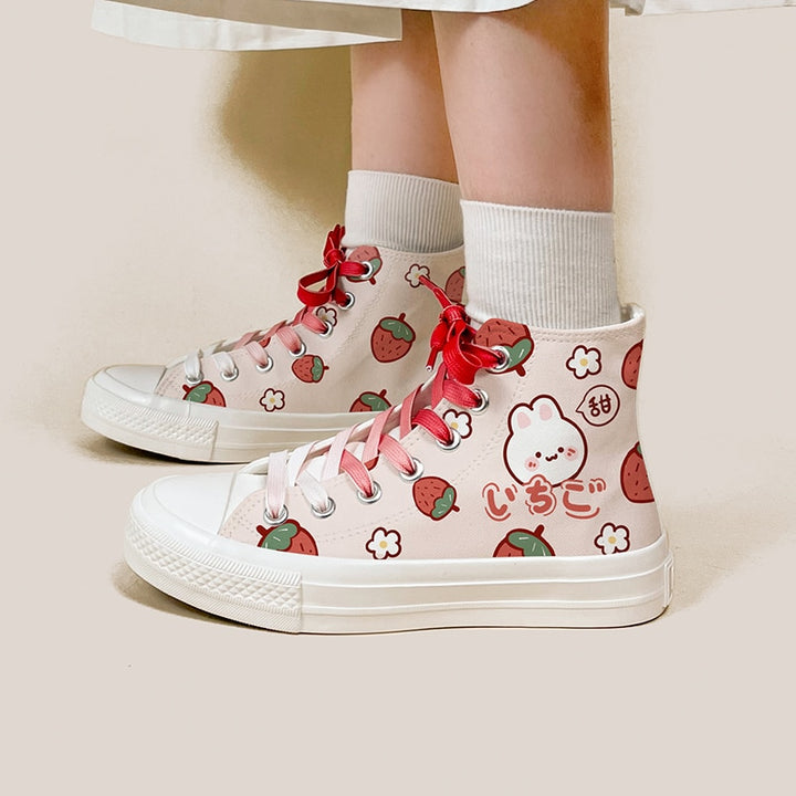 Kawaii Pink Strawberry Spring High Top Shoes - Juneptune