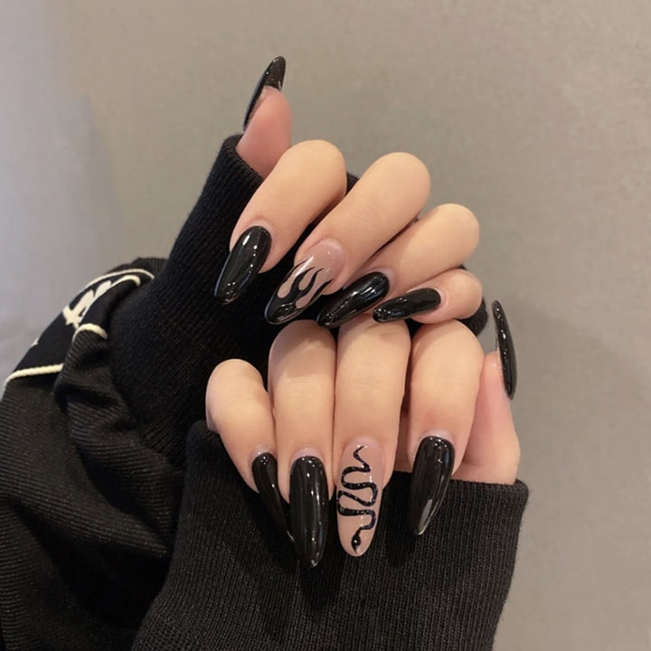 24Pcs/Box Press-On Aesthetic Gothic Black False Nails - Juneptune