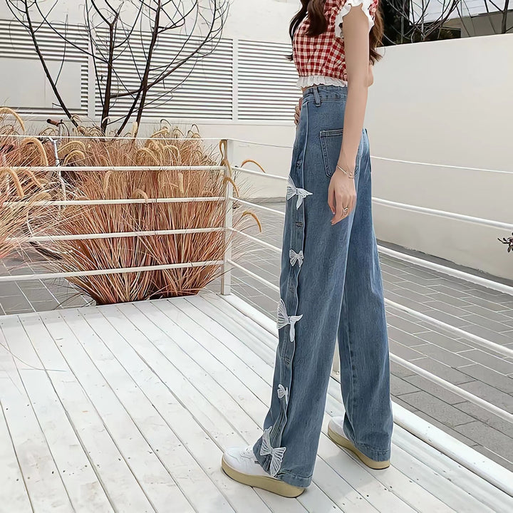 Kawaii High Waist Lace Bow Denim Jeans - Juneptune