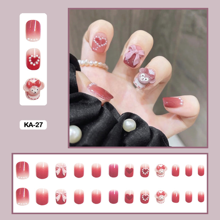 24pcs/Box Press On False Nails - Aesthetic Heart Bow Nails - Juneptune