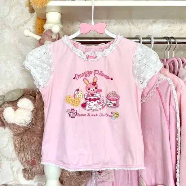 Strawberry Bunny Lace Sleeve Pastel Tee