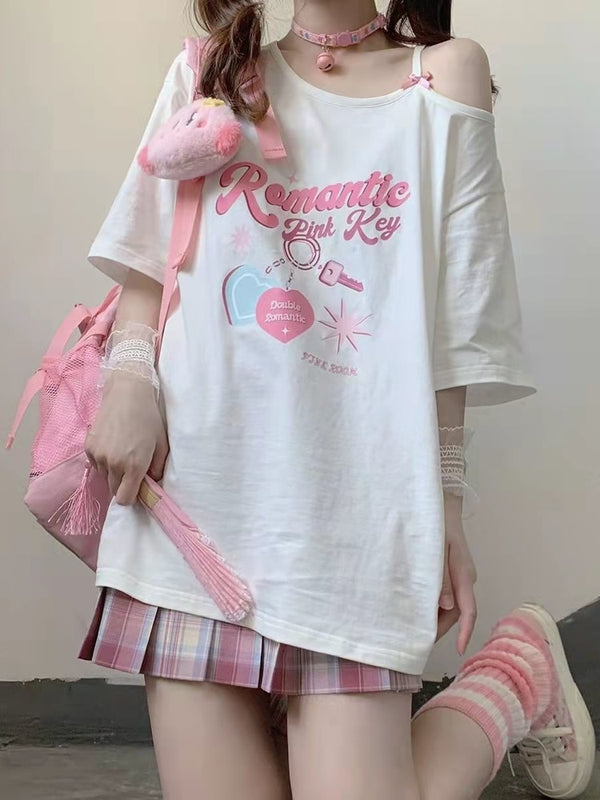 Kawaii Pink Off The Shoulder T-Shirt - Juneptune