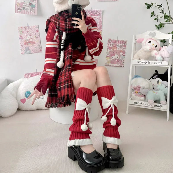Kawaii Winter Bow Pom-Pom Leg Warmers