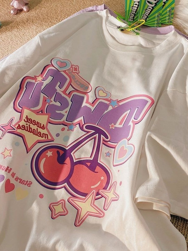 Kawaii Cherry Print T-Shirt - Juneptune