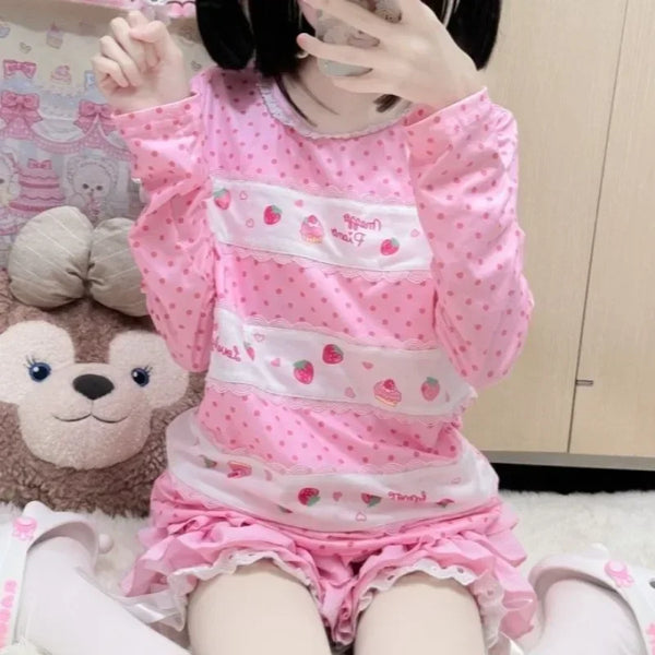 Polka Dot Strawberry Daydream Long-Sleeve Blouse