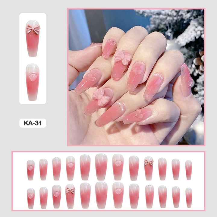 24pcs/Box Press On False Nails - Aesthetic Heart Bow Nails - Juneptune