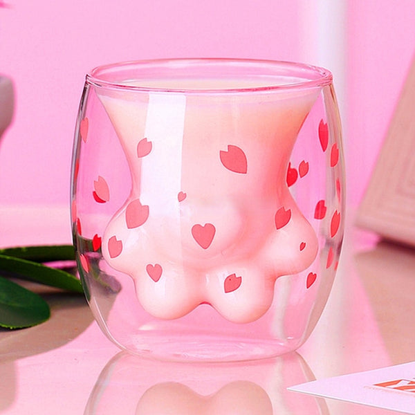 Kawaii Sakura Cherry Blossom Cat Paw Double Layer Glass Cup - Juneptune