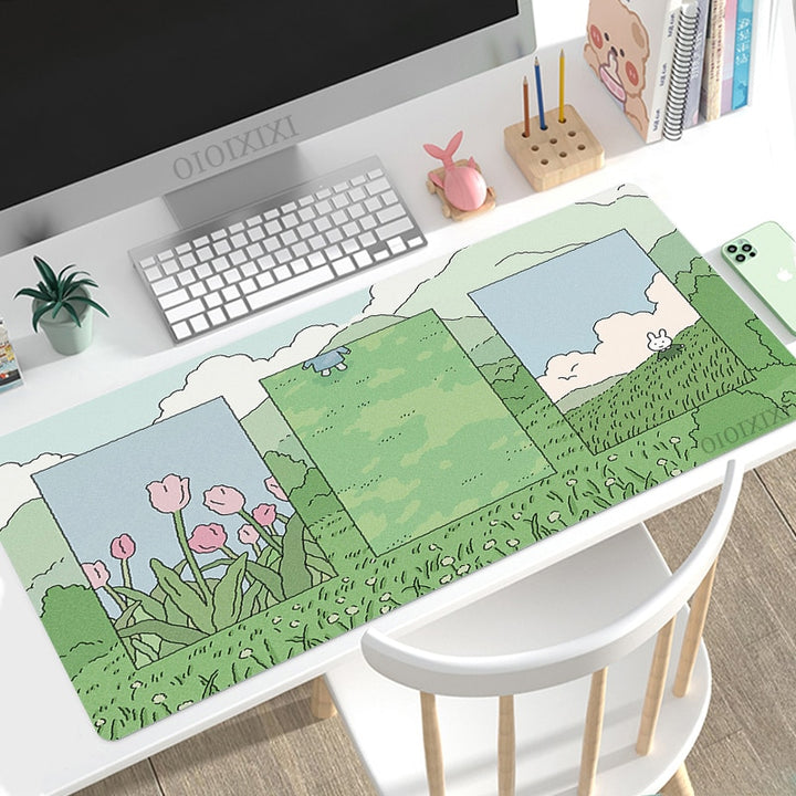 Adorable Cute Bunny Flower Green Anime Mouse Pad - Juneptune