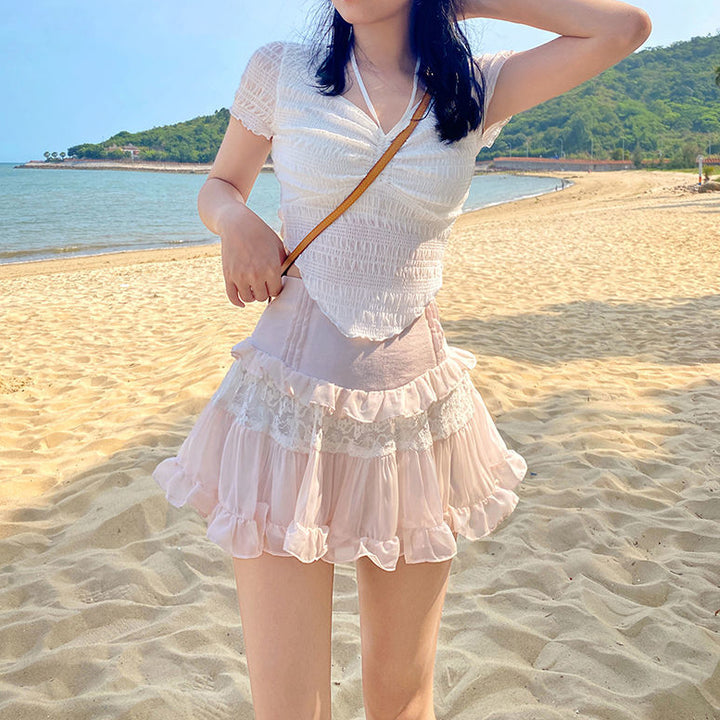 Kawaii Lolita Ruffle Pink Skirt - Juneptune