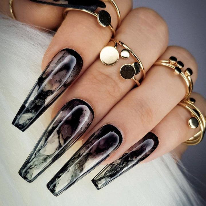 24Pcs/Box Press-On Aesthetic Gothic Black False Nails - Juneptune