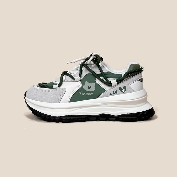 Kawaii Green Cat Chunky Sneakers - Juneptune