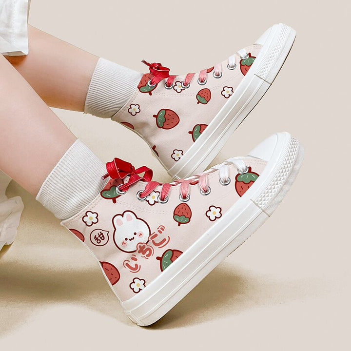 Kawaii Pink Strawberry Spring High Top Shoes - Juneptune