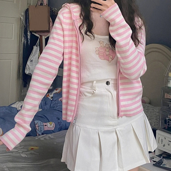 Kawaii Lolita Striped Pink Hoodie - Juneptune