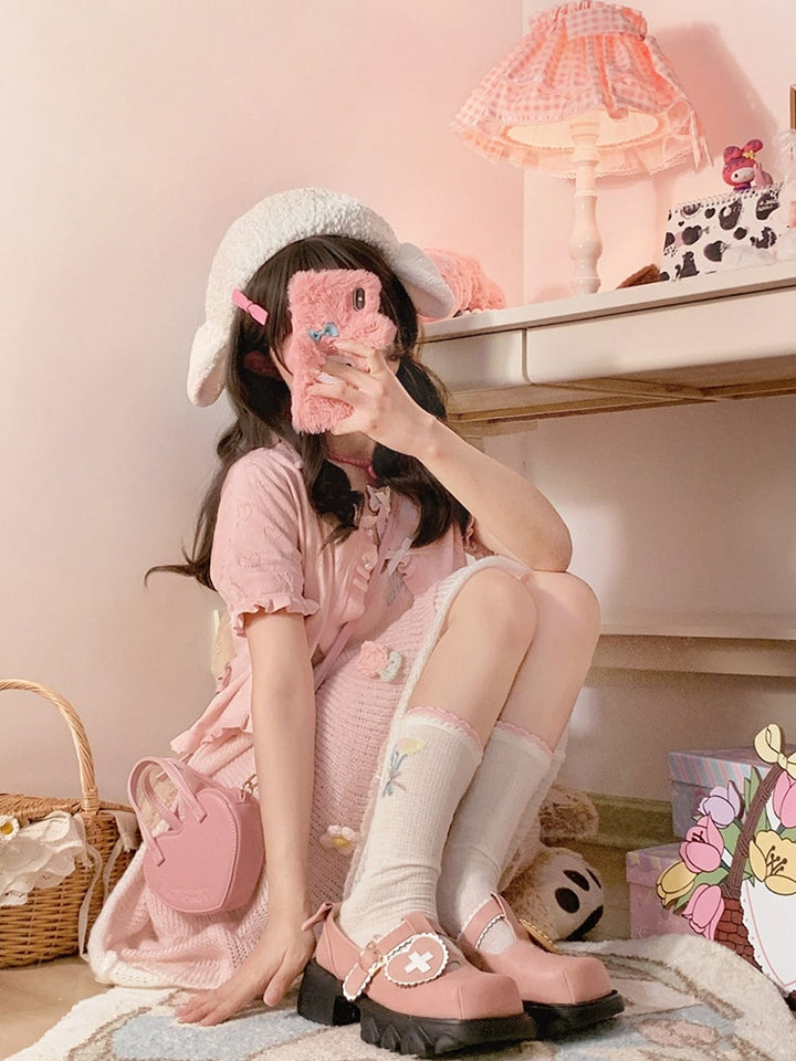 Kawaii Knitted Flower Pink Dress With Cardigan - Juneptune