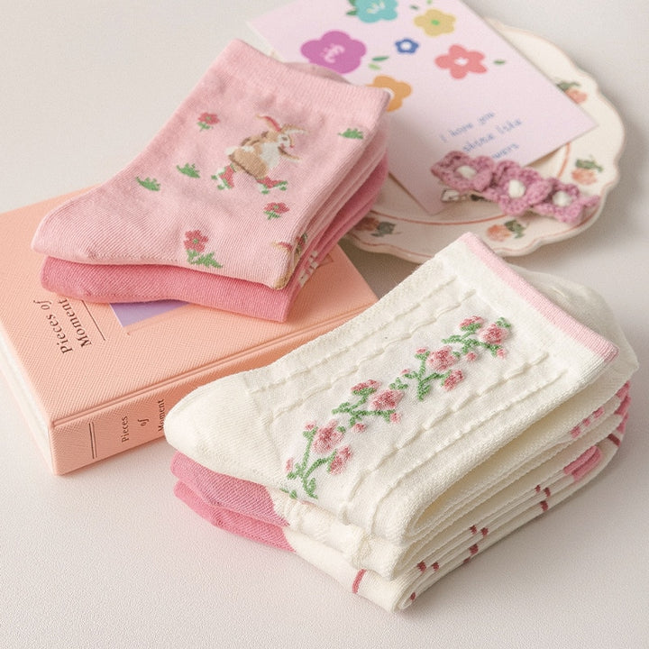 Kawaii Pink Floral Cotton Socks - Juneptune