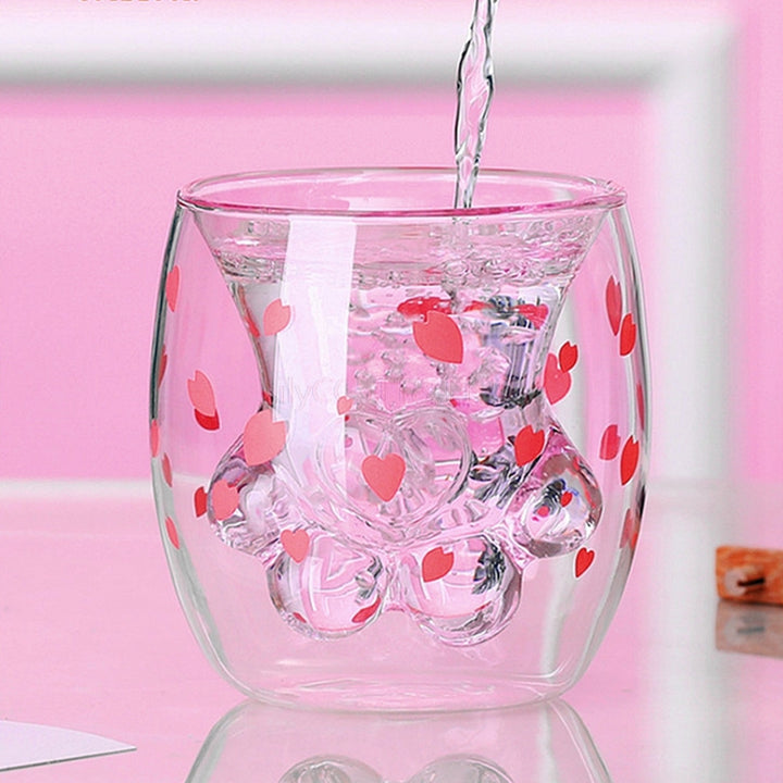 Kawaii Sakura Cherry Blossom Cat Paw Double Layer Glass Cup - Juneptune