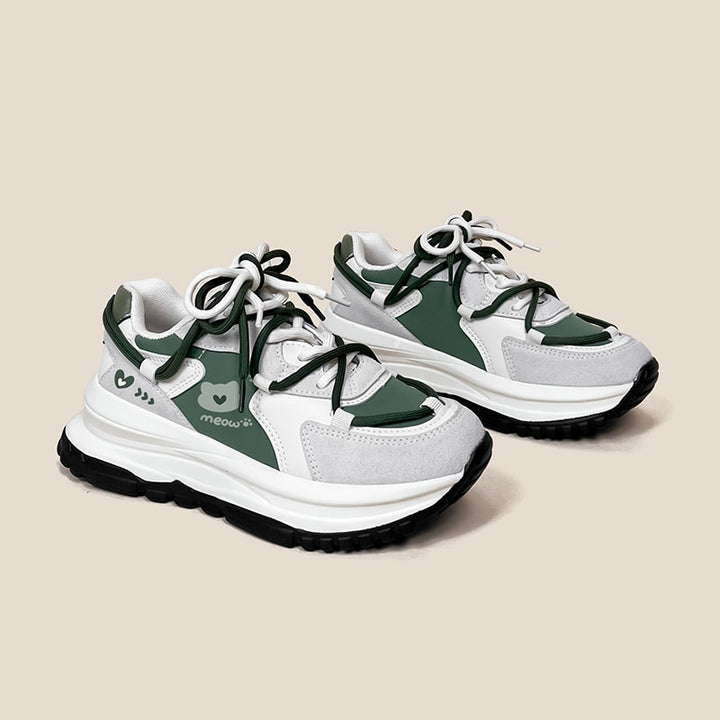 Kawaii Green Cat Chunky Sneakers - Juneptune