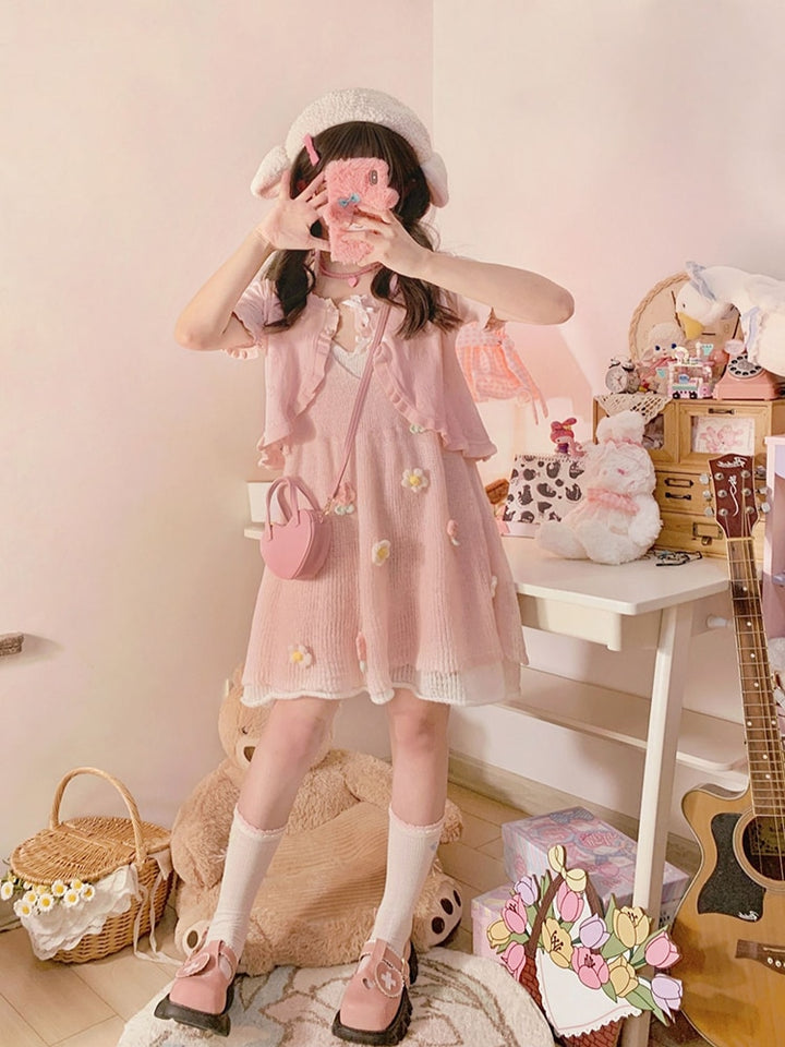 Kawaii Knitted Flower Pink Dress With Cardigan - Juneptune