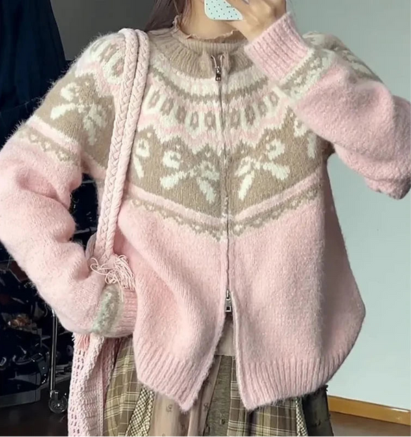 Pink Snowflake Cozy Soft-Girl Cardigan