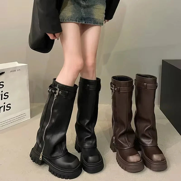 Grunge Buckle Chunky Knee-High Boots