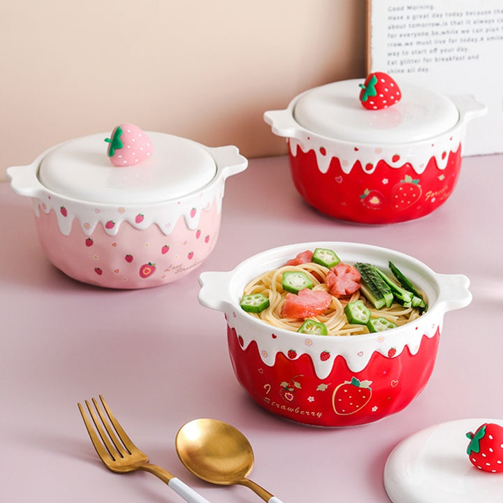 Kawaii Strawberry Ramen Bowl With Lid - Juneptune