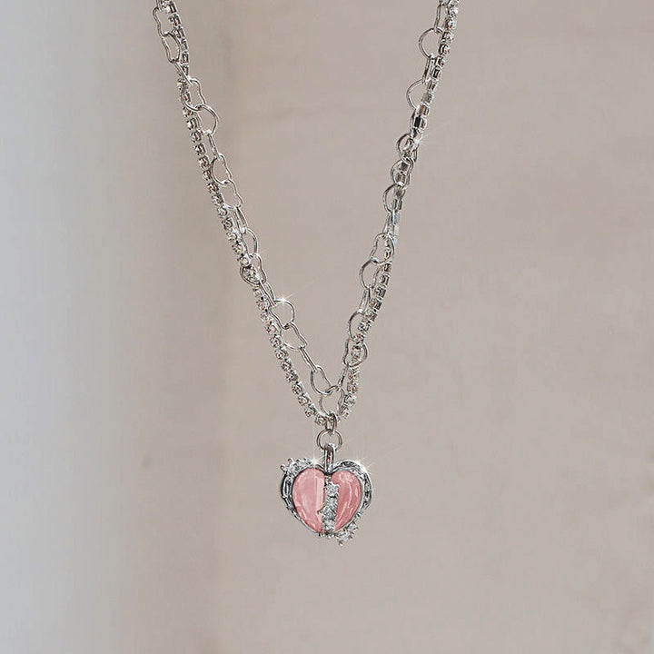 Y2K Pink Crystal Peach Heart Necklace - Juneptune