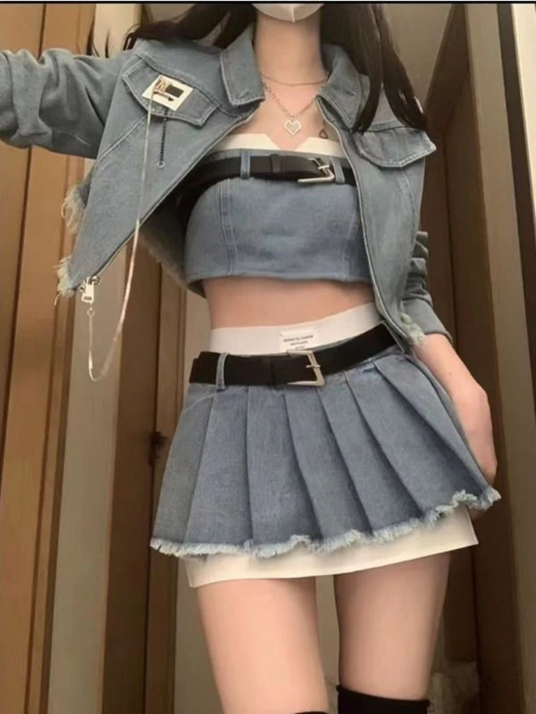 Denim Belted Two-Piece Outfit Set