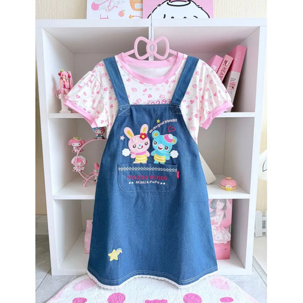 Pastel Bunny & Bear Denim Embroidered Pinafore Outfit Set